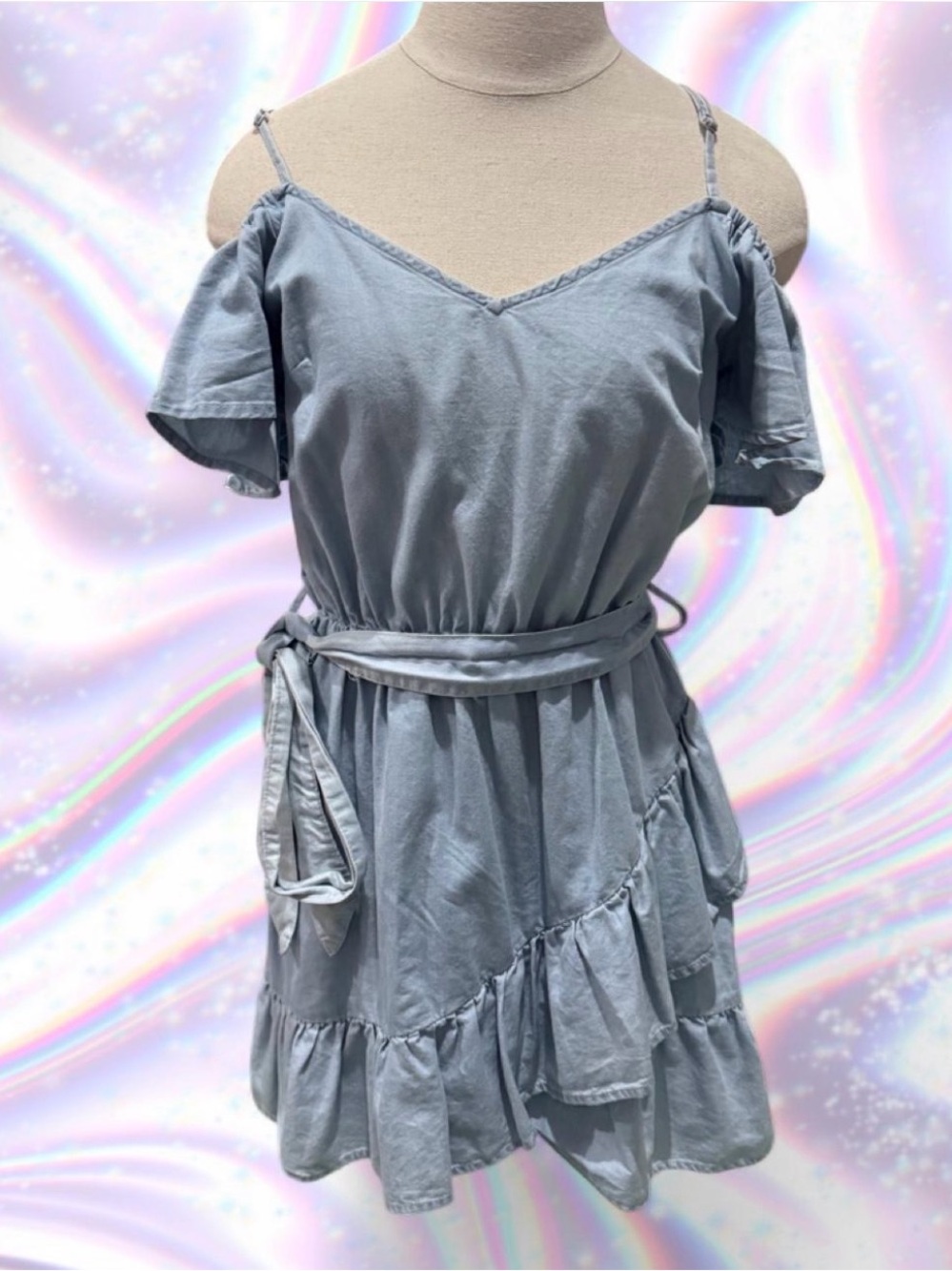Love Tree Light Blue Off-Shoulder Ruffle Mini Dress - Picture 2 of 7